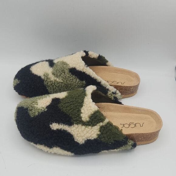 Sugar camouflage Faux Fur Fuzzy Fluffy Close Toe Cork Platform Slide Slipper - Picture 2 of 8